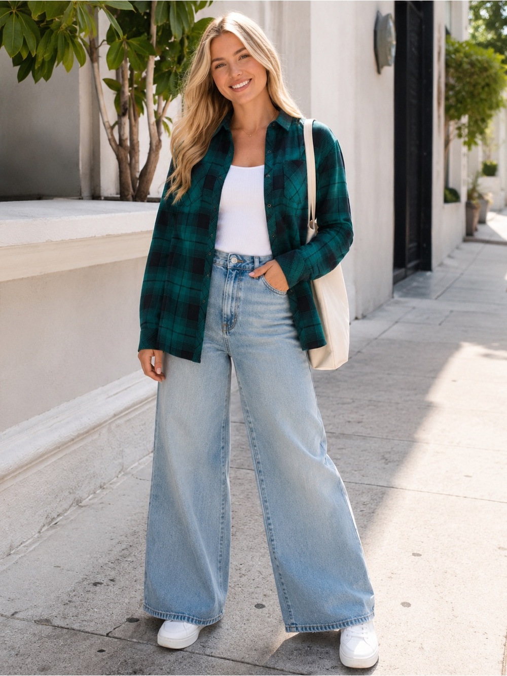 Natural Reflections Teal and Black Plaid Button-Up Shirt